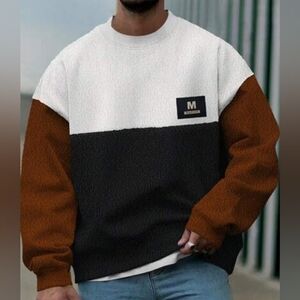 SHEIN Men's Sherpa Sweater Long Sleeve Color Blocked Crewneck Black Brown XL